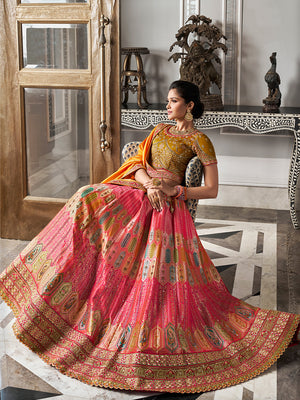 Multicolor & Yellow Banarasi Silk Semi Stitched Lehenga