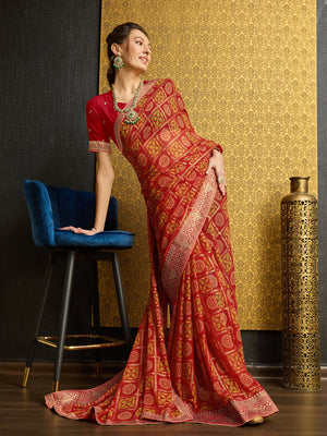 Red Georgette Daily Wear Saree With Blouse Piece