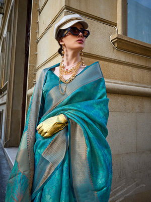 Teal Organza Saree With Blouse Piece