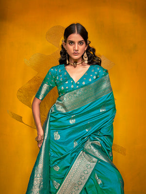 Teal Blue Silk Saree With Blouse Piece