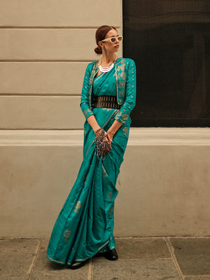 Teal Satin Saree With Blouse Piece