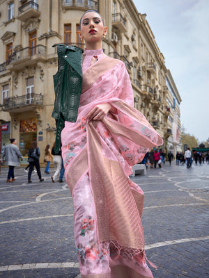 Pink Printed Poly Brasso Saree With Blouse Piece