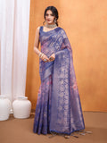 Blue Cotton Blend Saree With Blouse Piece