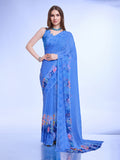 Blue Poly Chiffon Festival Saree With Blouse Piece