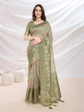 Green Cotton Blend Festive Wear Saree With Blouse Piece