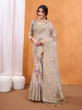 Beige Cotton Blend Festive Wear Saree With Blouse Piece