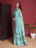 Turquoise Linen Saree With Blouse Piece