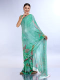 Green Satin Saree With Blouse Piece