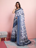 Silver Silk Blend Daily Wear Saree With Blouse Piece