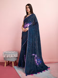 Blue Silk Blend Party Wear Saree With Blouse Piece