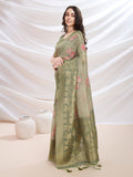 Green Cotton Blend Festive Wear Saree With Blouse Piece