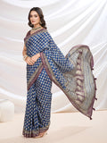 Blue Cotton Blend Casual Wear Saree With Blouse Piece