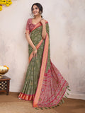 Dark Green Poly Crepe Festive Wear Saree With Blouse Piece