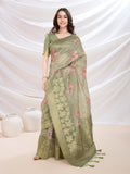 Green Cotton Blend Festive Wear Saree With Blouse Piece