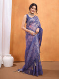 Blue Cotton Blend Saree With Blouse Piece