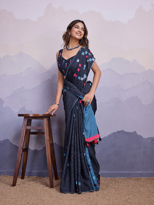 Grey Silk Blend Daily Wear Saree With Blouse Piece