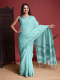 Turquoise Linen Saree With Blouse Piece