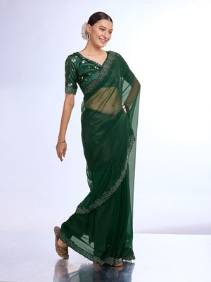 Bottle Green Georgette Saree With Blouse Piece