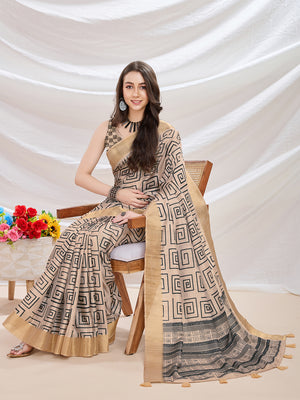 Beige Silk Blend Casual Wear Saree With Blouse Piece