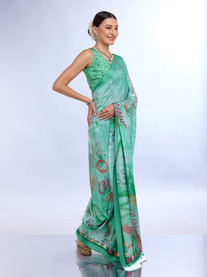 Green Satin Saree With Blouse Piece