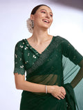 Bottle Green Georgette Saree With Blouse Piece