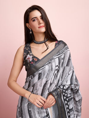 Grey Silk Blend Daily Wear Saree With Blouse Piece