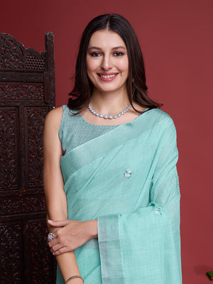 Turquoise Linen Saree With Blouse Piece