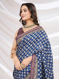 Blue Cotton Blend Casual Wear Saree With Blouse Piece