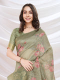 Green Cotton Blend Festive Wear Saree With Blouse Piece