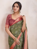 Dark Green Poly Crepe Festive Wear Saree With Blouse Piece