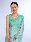 Green Satin Saree With Blouse Piece