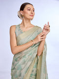 Green Tissue Linen Saree With Blouse Piece