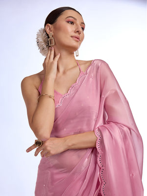 Pink Organza silk Saree With Blouse Piece