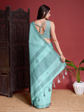 Turquoise Linen Saree With Blouse Piece