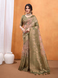 Olive Cotton Blend Saree With Blouse Piece