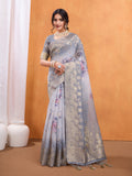 Grey Cotton Blend Festive Wear Saree With Blouse Piece