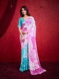 Turquoise Poly Chiffon Saree With Blouse Piece