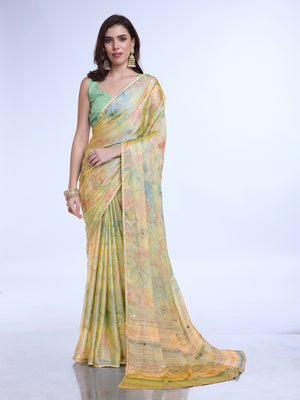 Sea Green Poly Chiffon Festive Wear Saree With Blouse Piecde