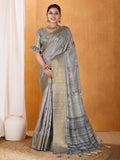 Grey Silk Blend Saree With Blouse Piece