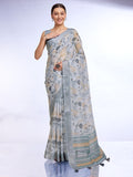 Grey Linen Blend Saree With Blouse Piece