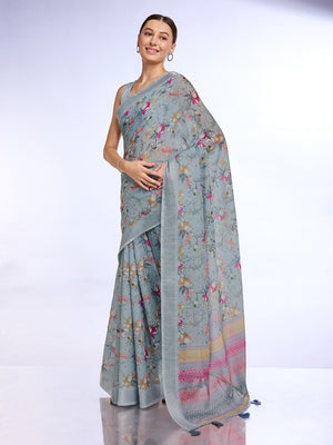 Grey Linen Blend Saree With Blouse Piece