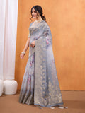 Grey Cotton Blend Festive Wear Saree With Blouse Piece