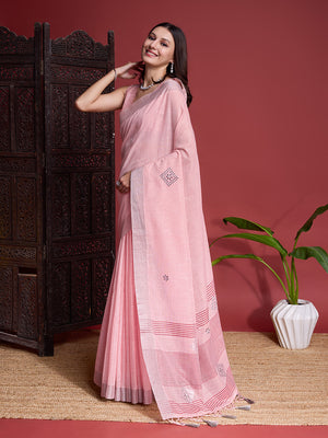 Peach Linen Saree With Blouse Piece