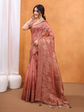 Peach Cotton Blend Saree With Blouse Piece