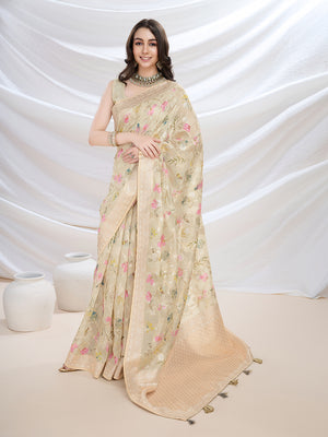 Peach Pure Cotton Festive Wear Saree With Blouse Piece