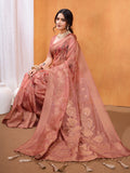 Peach Cotton Blend Saree With Blouse Piece