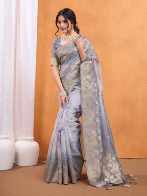 Grey Cotton Blend Festive Wear Saree With Blouse Piece