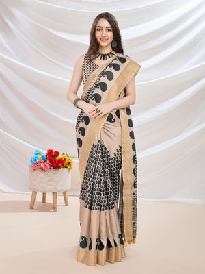 Beige Silk Blend Casual Wear Saree With Blouse Piece