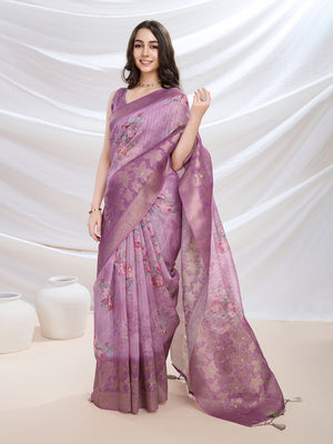 Pink Cotton Blend Festive Wear Saree With Blouse Piece