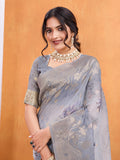 Grey Cotton Blend Festive Wear Saree With Blouse Piece